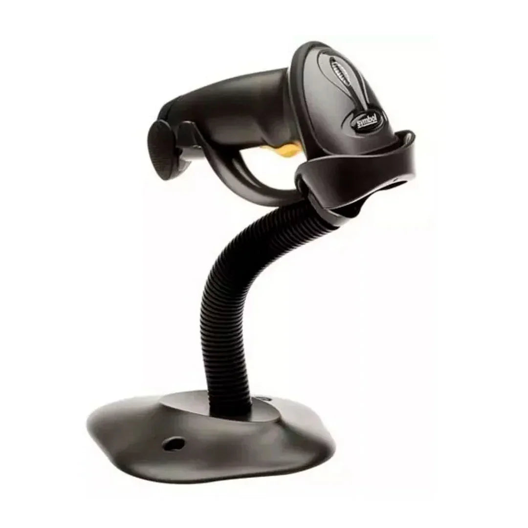Lector de códigos de barras negro con soporte de escritorio, ideal para puntos de venta.