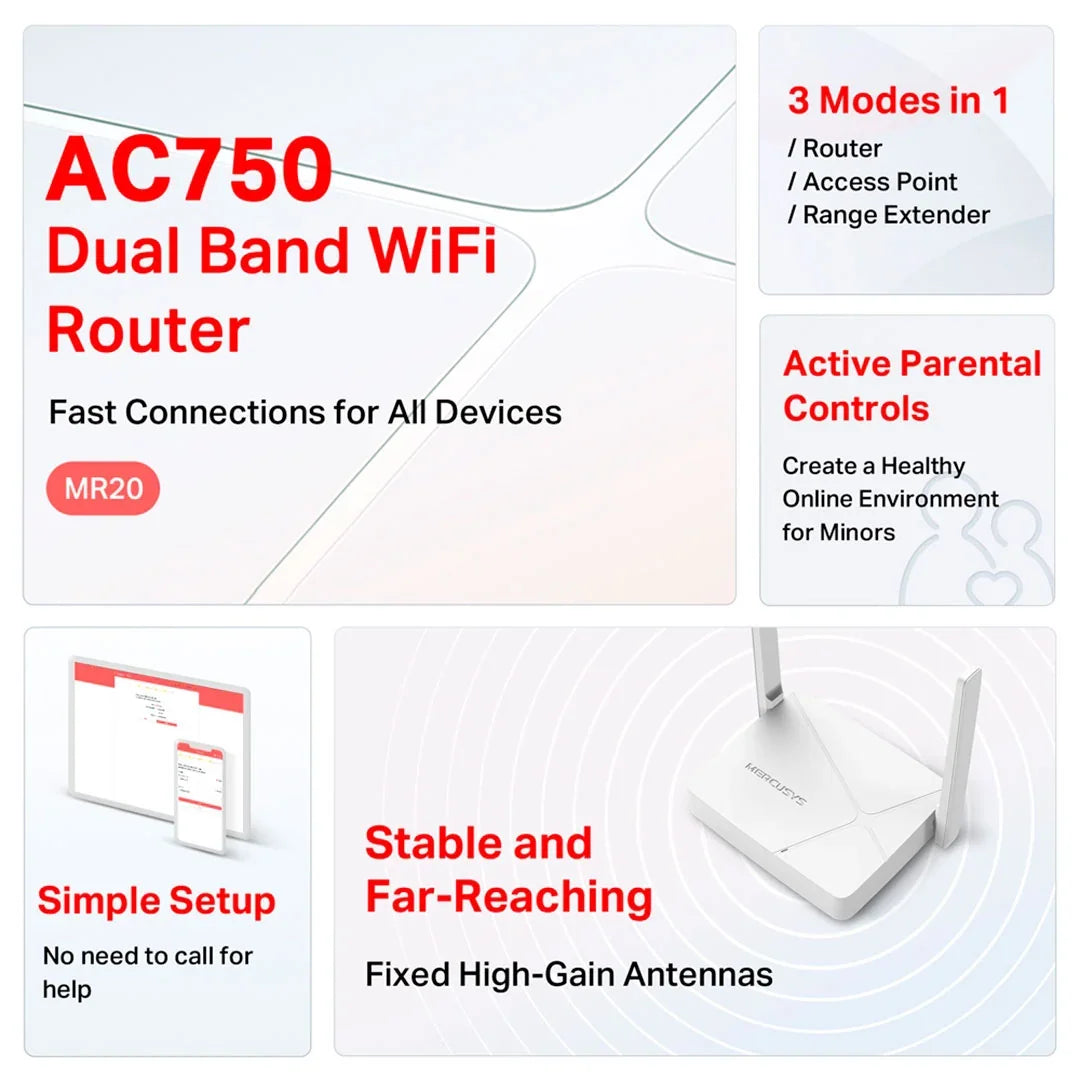 MERCUSYS MR20 Router Enrutador Inalámbrico Doble Banda AC750