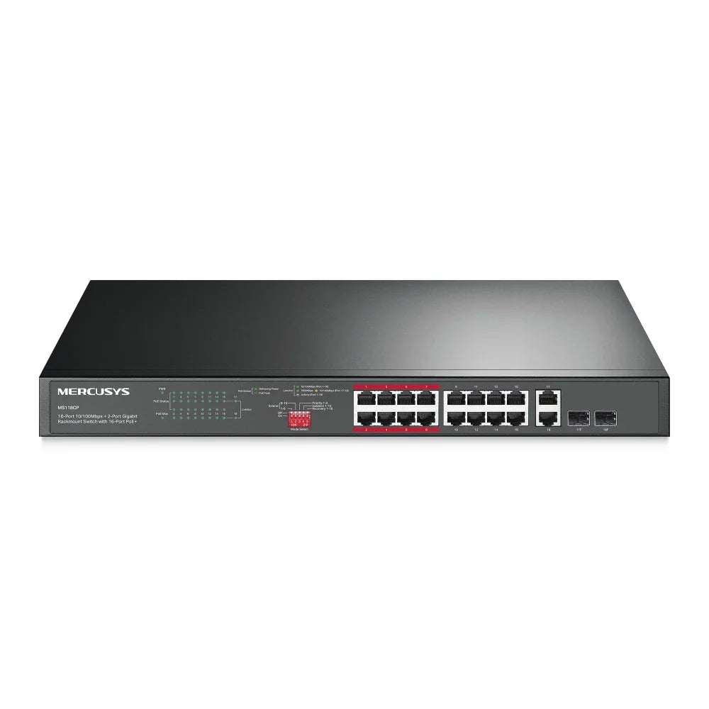 MERCUSYS MS118CP Switch 16 Puertos Fast con 2 Puertos Gigabit PoE+