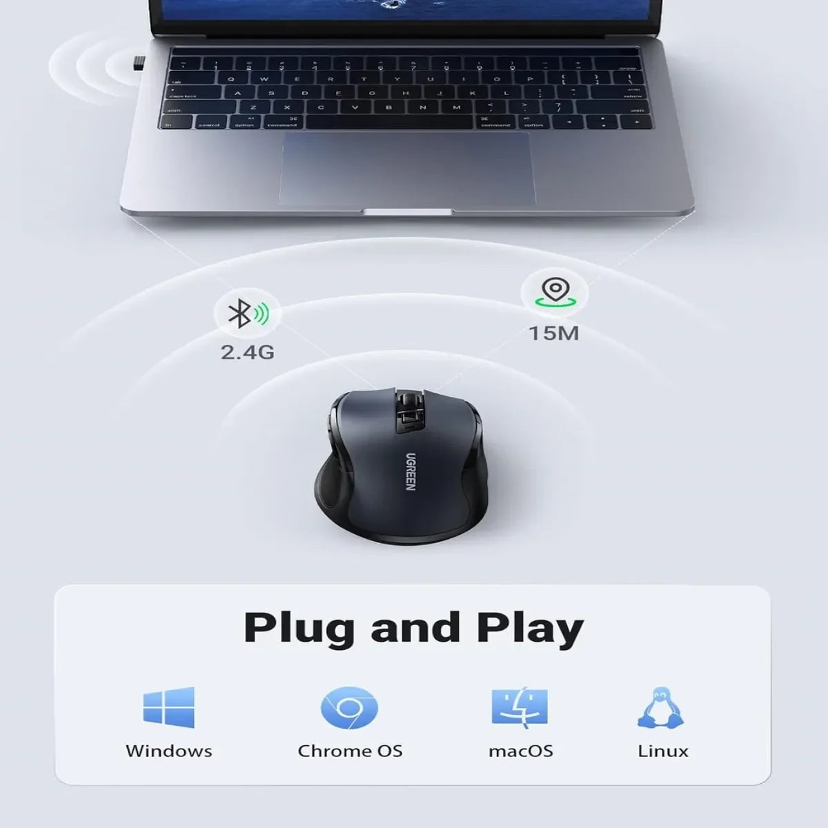 UGREEN MU006 90855 Mouse Inalámbrico 2.4G y Bluetooth 4000dpi Gris