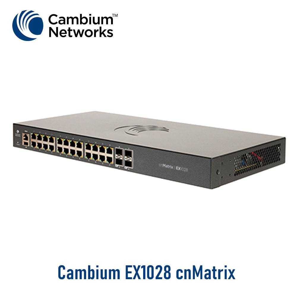 CAMBIUM MX-EX1028PXA-0 CNMATRIX EX1028-P Switch Inteligente Ethernet PoE+, 24 Puertos de Fibra Sfp de 1gGbps y 4 de 1Gbps - Sin Cable de Alimentación