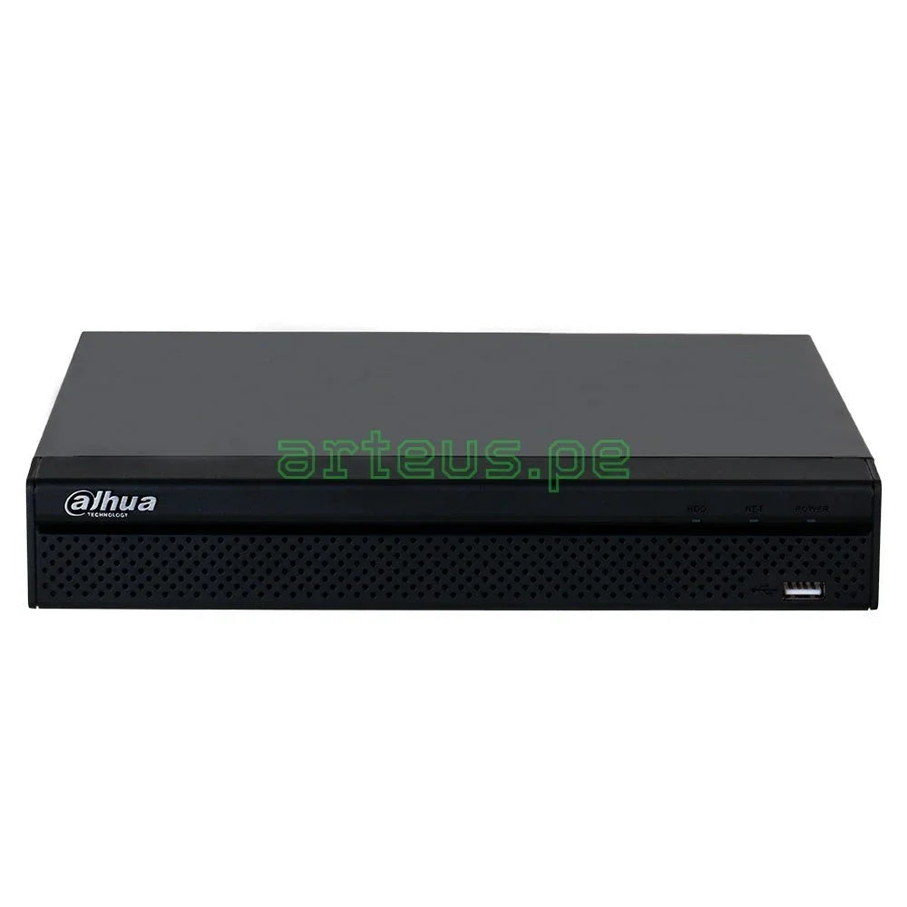 Grabador de video en red NVR Dahua negro, frontal con puertos USB y luces LED, seguridad