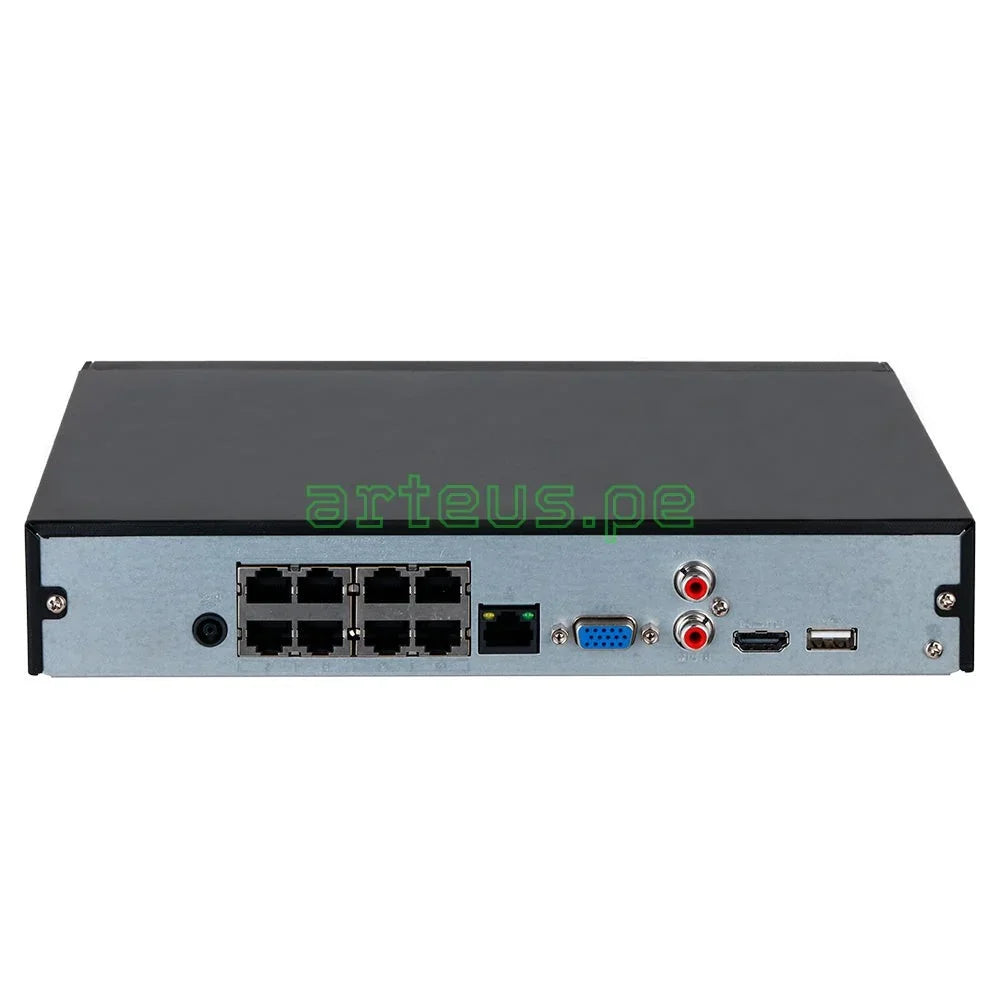 NVR de videovigilancia con múltiples puertos Ethernet, VGA, HDMI y USB, fondo blanco