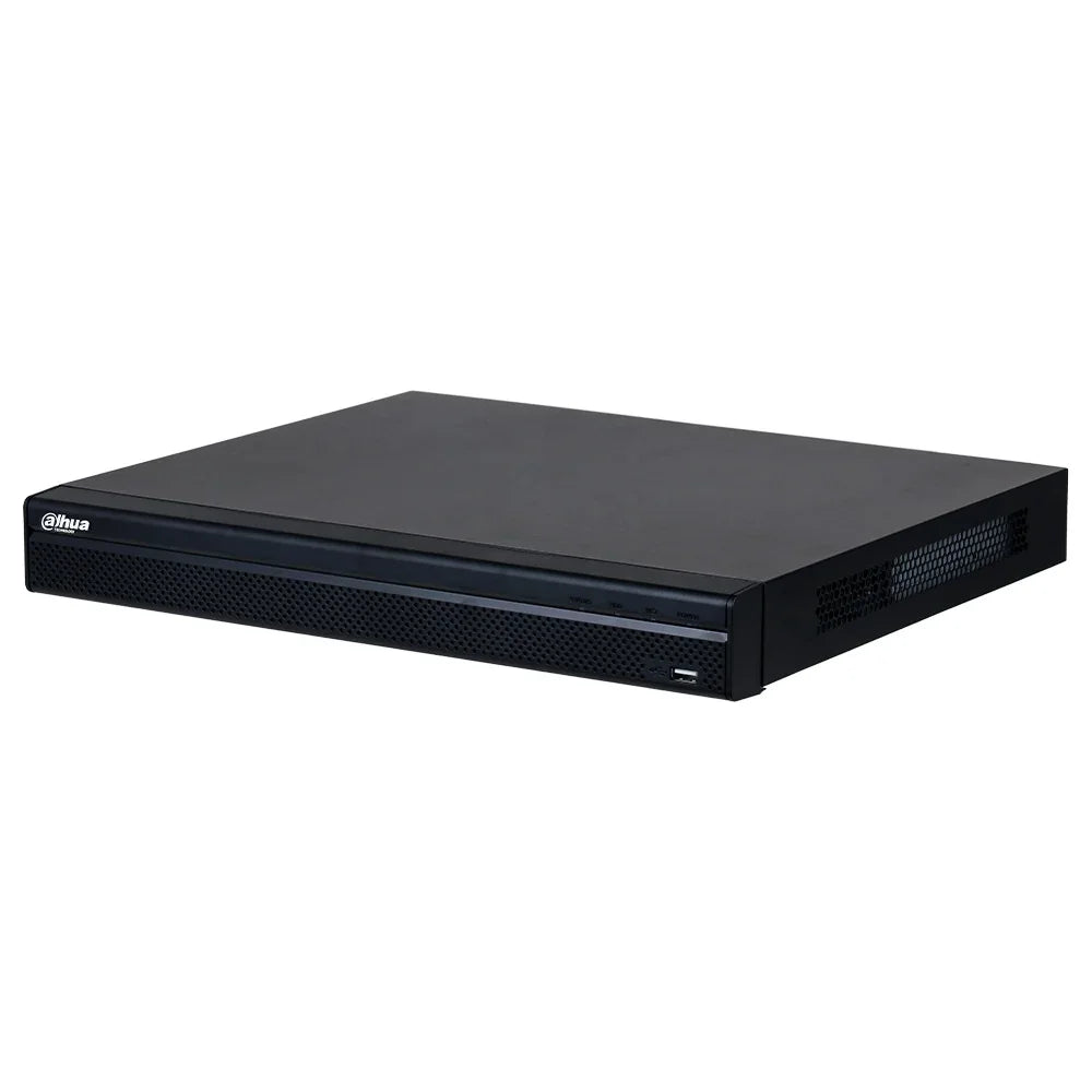 Grabador de video en red NVR negro, vista frontal, equipo de seguridad electrónica