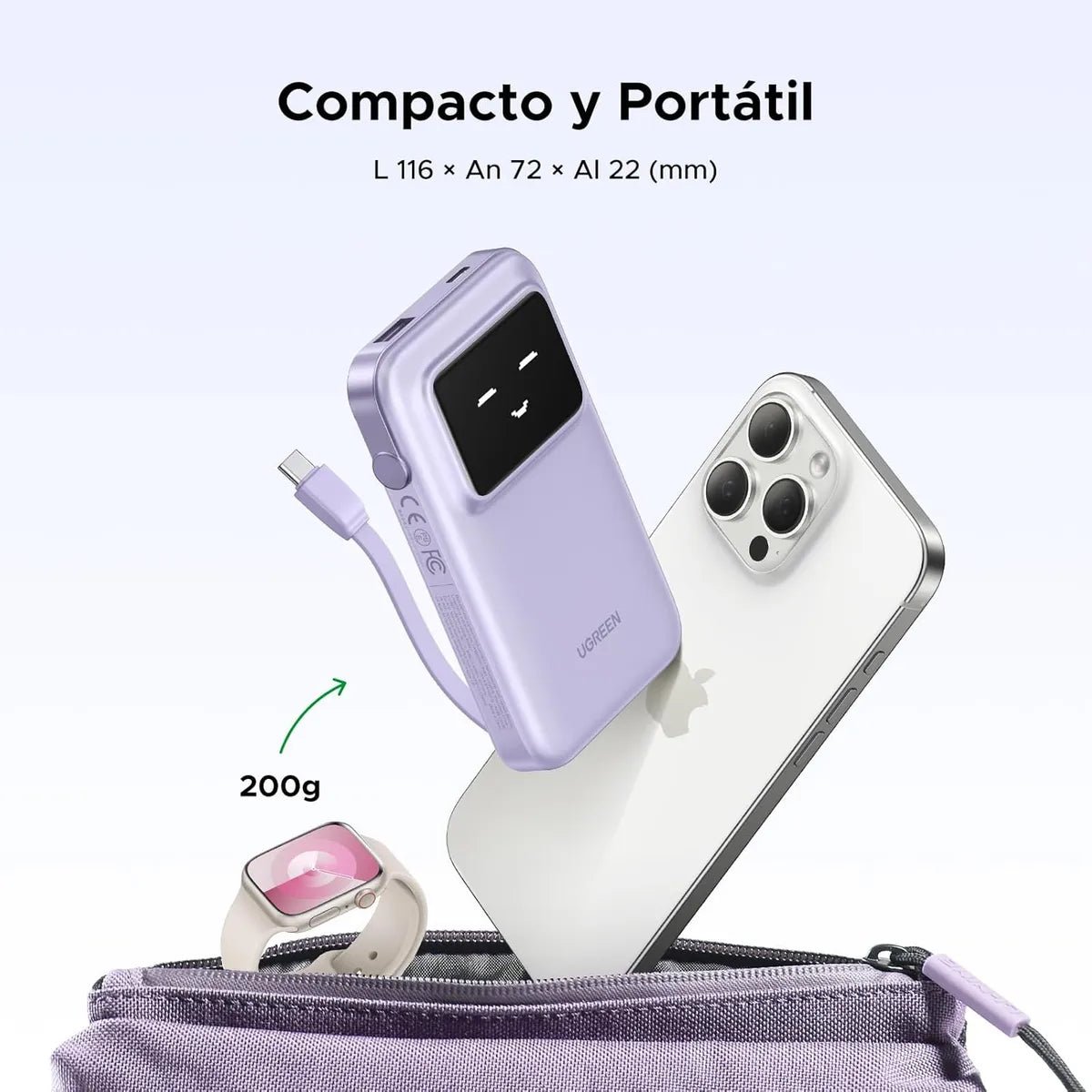 UGREEN PB511 Power Bank 10000mAh USB-C Integrado 30W QC Morado 35604B
