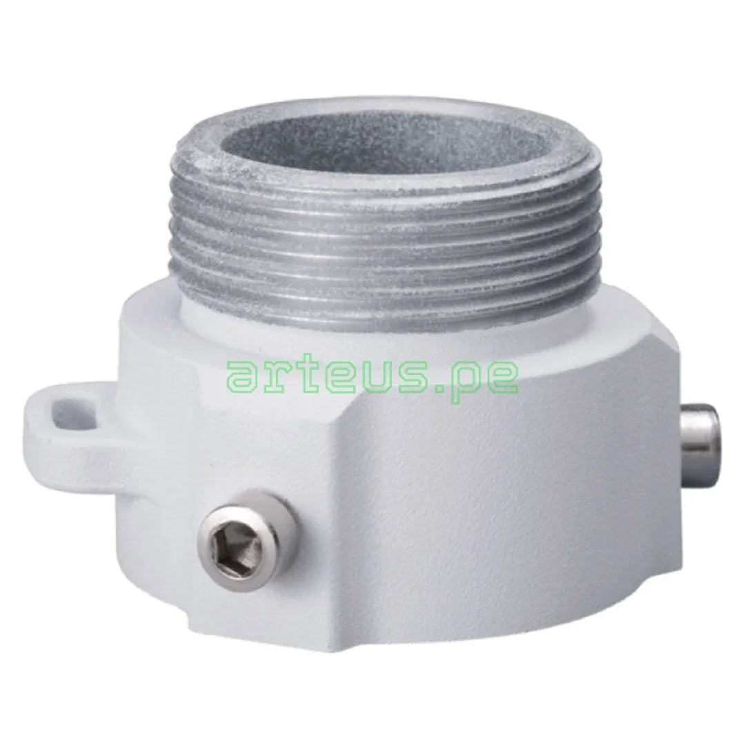 Adaptador metálico para montaje de cámaras de seguridad, tipo rosca, color gris.
