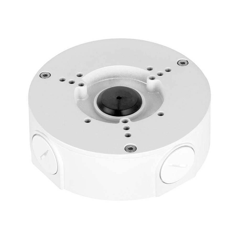 Caja de conexiones circular blanca para cámara de seguridad, con varias entradas y tornillos visibles.