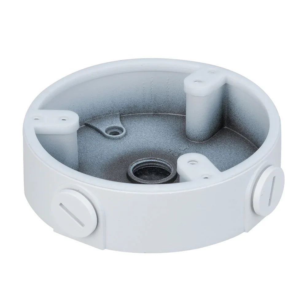 Caja de conexiones redonda metálica para cámara de seguridad, color blanco, vista aislada