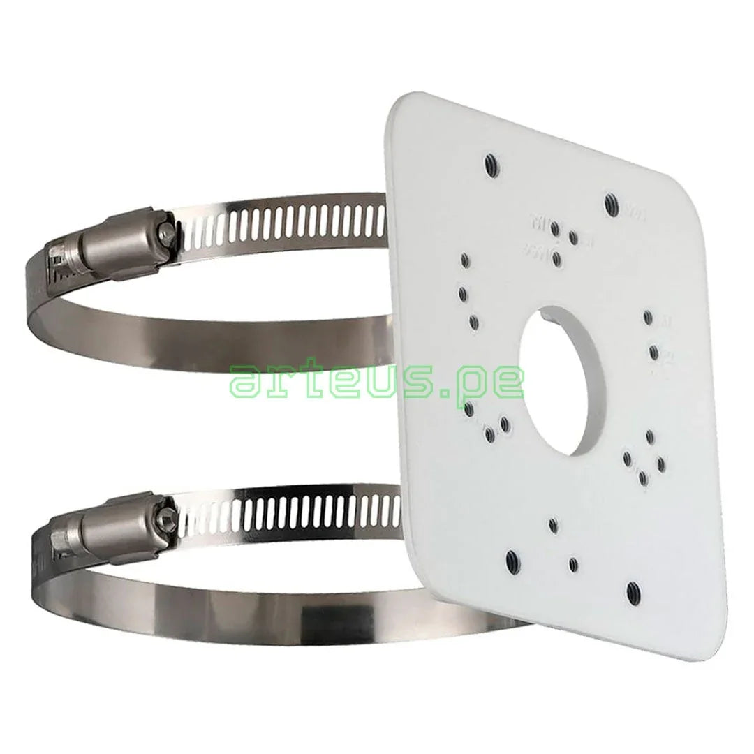 Soporte de montaje para cámaras de seguridad, base cuadrada blanca y abrazaderas metálicas.