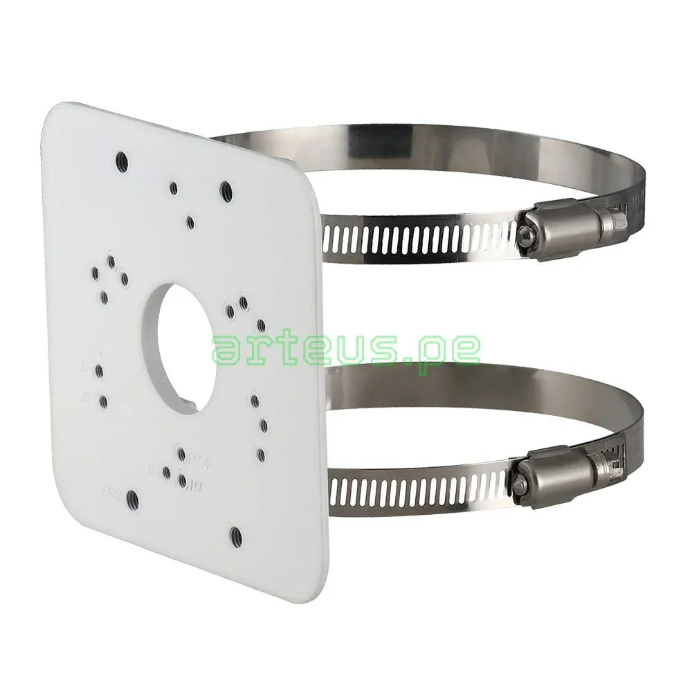 Soporte metálico para montaje de cámaras de seguridad en poste, con base blanca y abrazaderas de acero inoxidable.