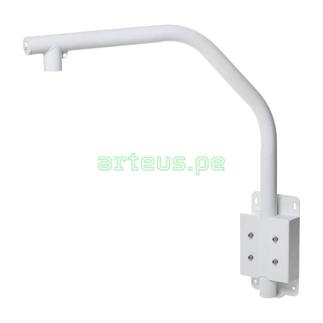 Soporte metálico blanco para montaje de cámara de seguridad en pared, sistema de videovigilancia.