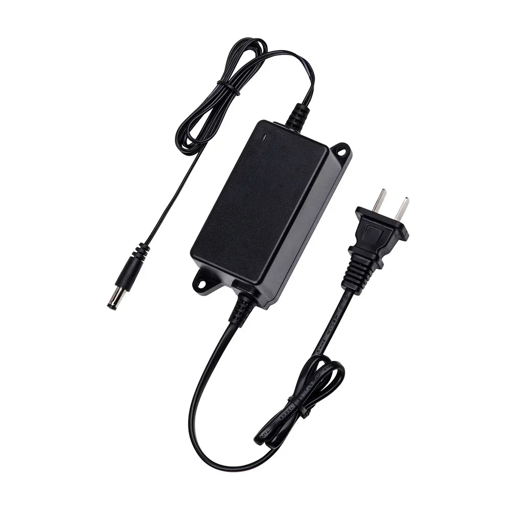 Fuente de alimentación eléctrica negra con cable y enchufe, ideal para equipos de seguridad o redes