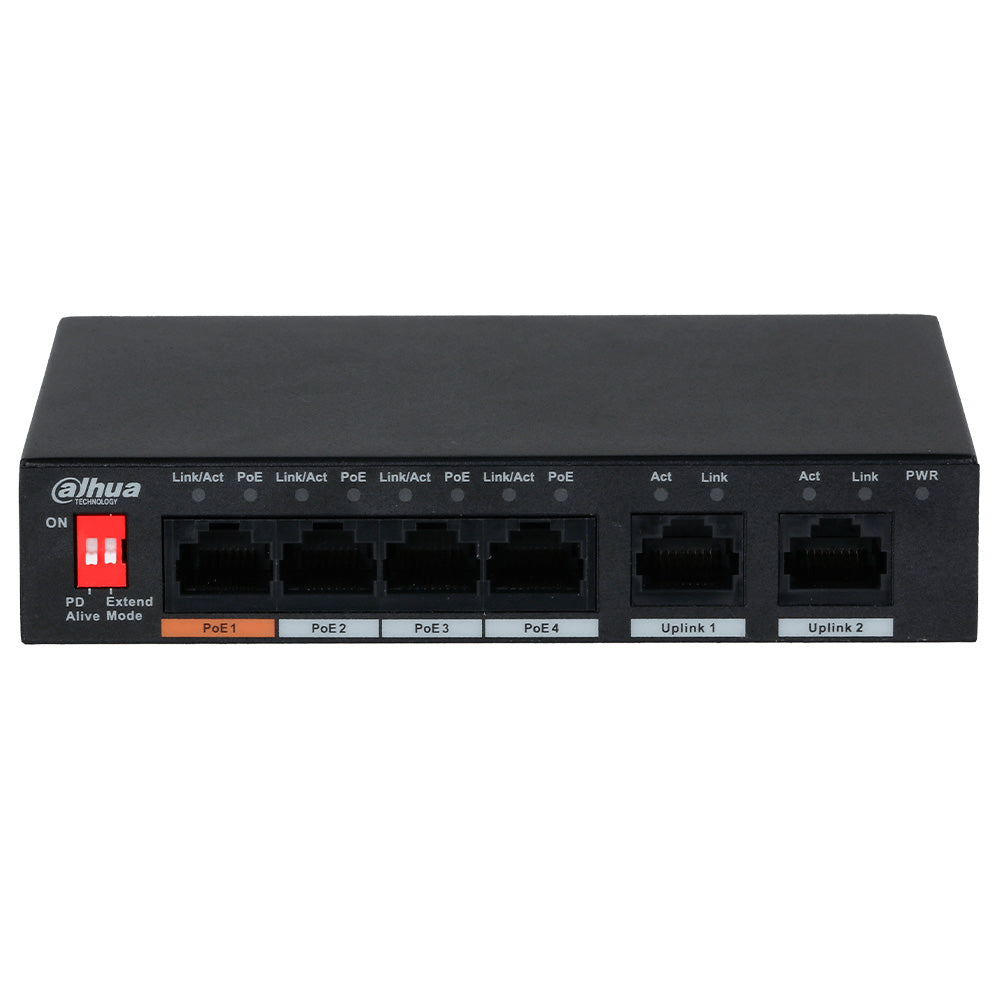 Switch Dahua PoE con 4 puertos ethernet y 2 uplink para redes y cableado estructurado