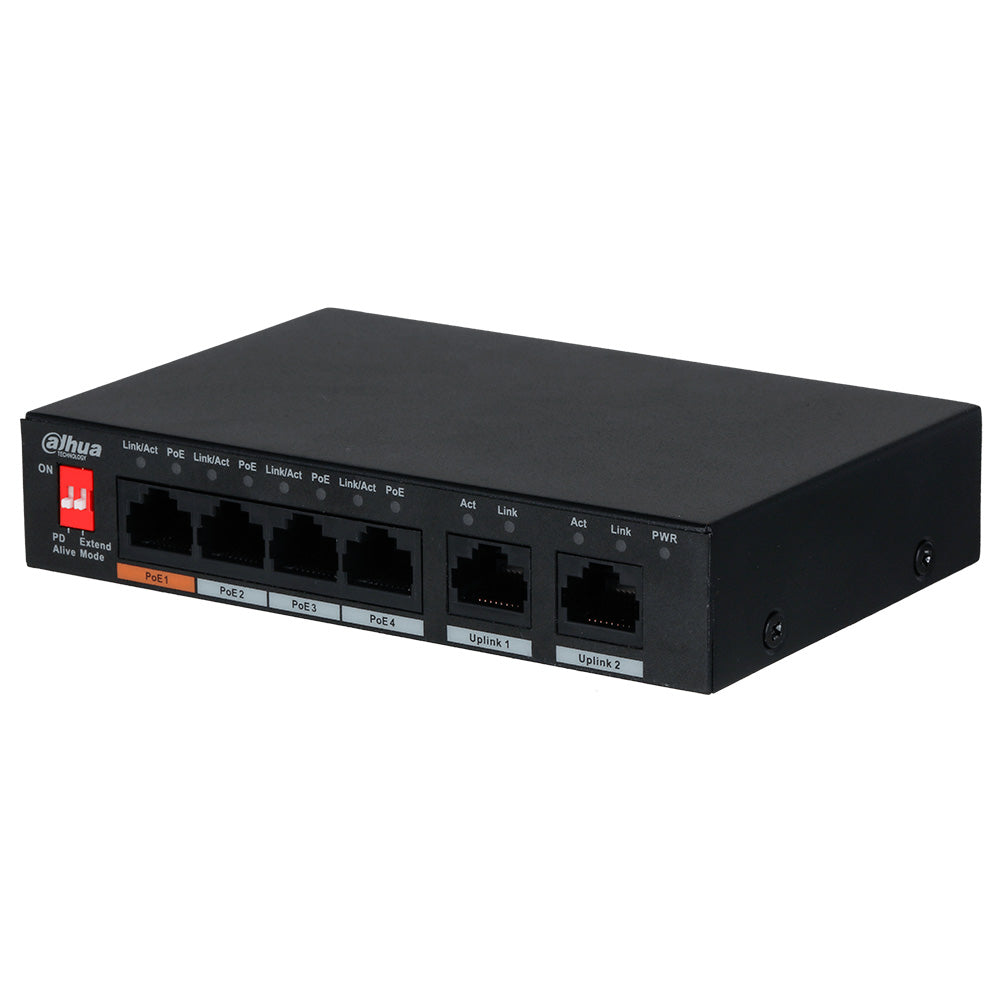 Switch PoE de 6 puertos para redes, carcasa negra, puertos Ethernet visibles