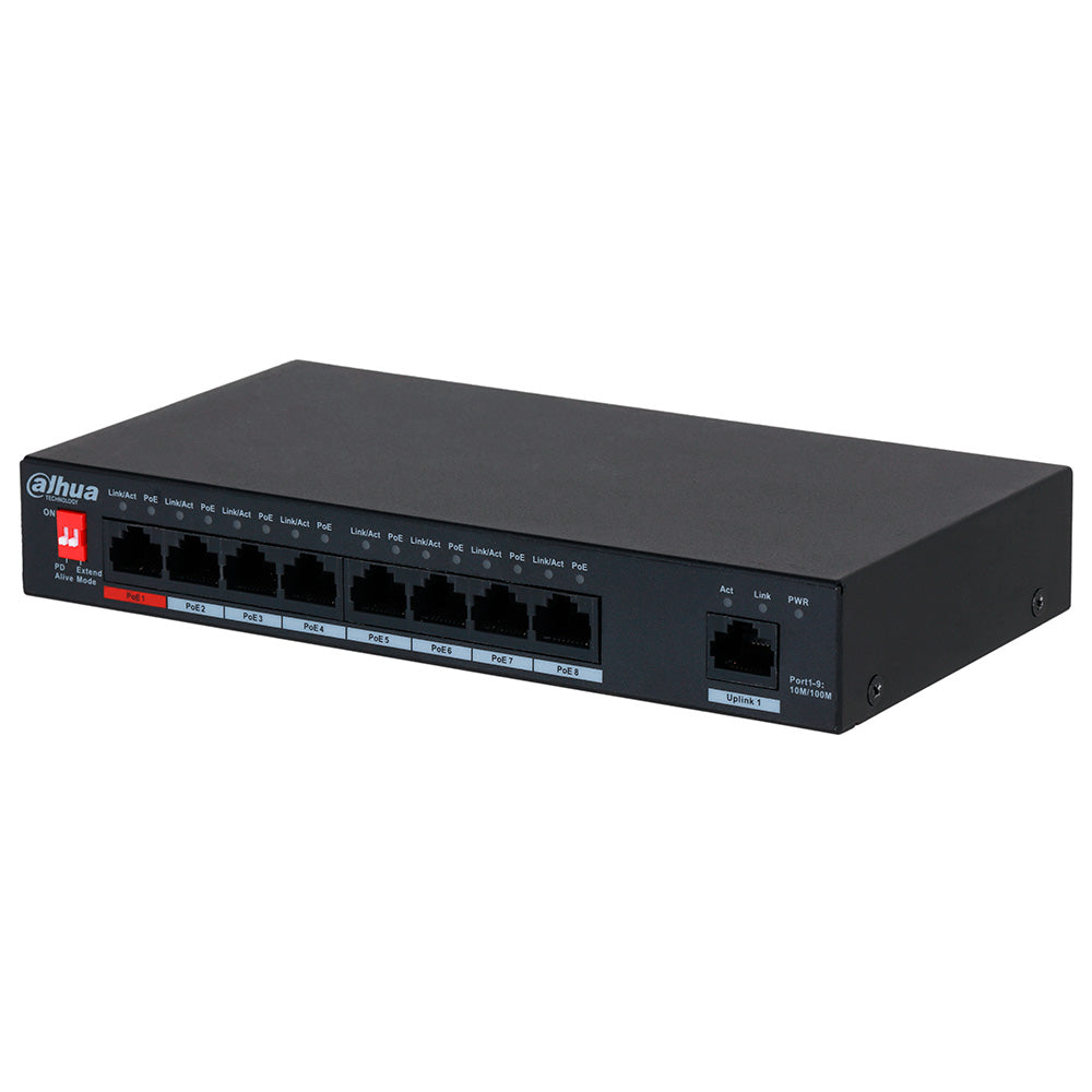 Switch de red Dahua de 8 puertos PoE, color negro, para cableado estructurado y redes.