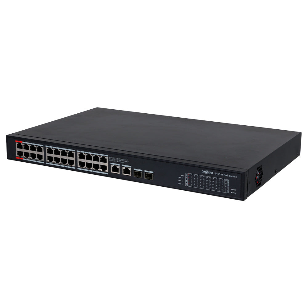 DAHUA DH-PFS3228-24GT-360 Switch Conmutador de 24 puertos POE 360w Gigabit. 2 Puertos de Fibra Óptica. 10/100/1000. No administrable. Capa 2. 2 Puertos SFP. HI-POE