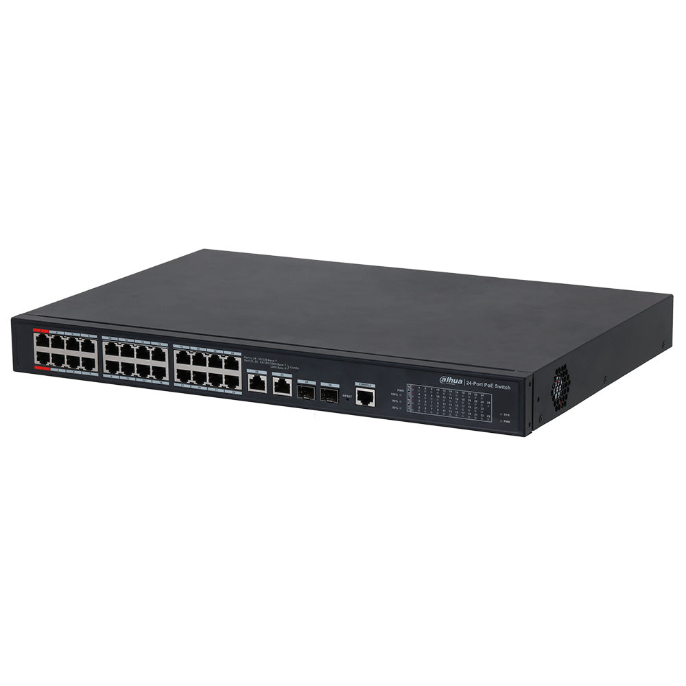 DAHUA DH-PFS4226-24ET-360 - Switch Conmutador de 24 puertos POE 360w con 2 Puertos de Fibra óptica. 10/100mbps. Administrable. Capa 2. 2 Puertos SFP. HI-POE
