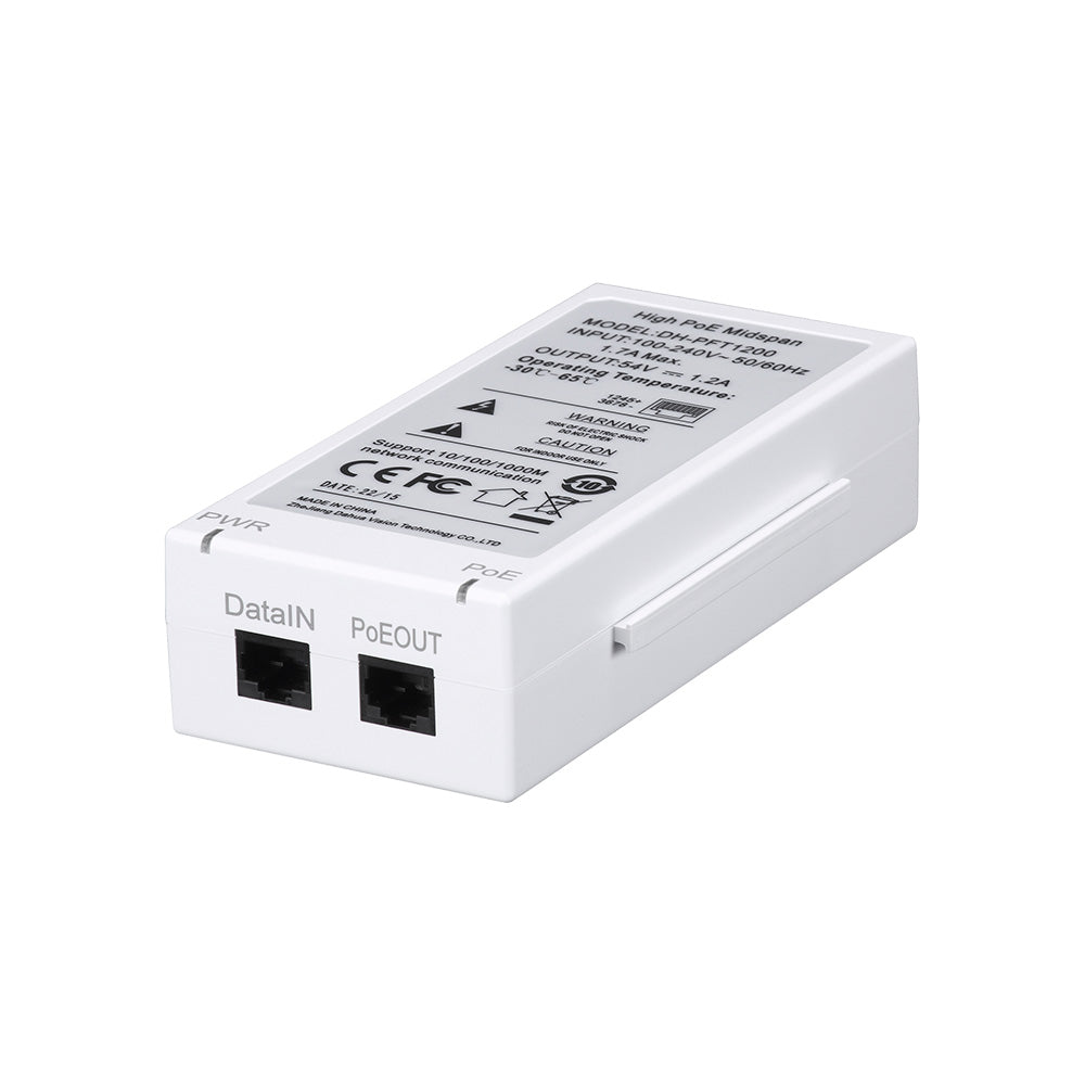 Inyector PoE blanco para redes, dos puertos RJ45, alimentación y datos para cableado estructurado
