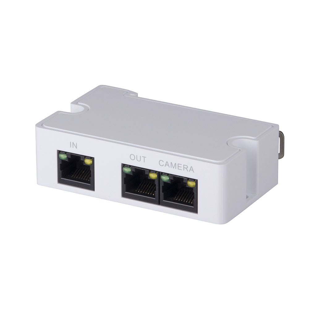 Adaptador divisor de red RJ45 con tres puertos etiquetados IN, OUT y CAMERA, color blanco