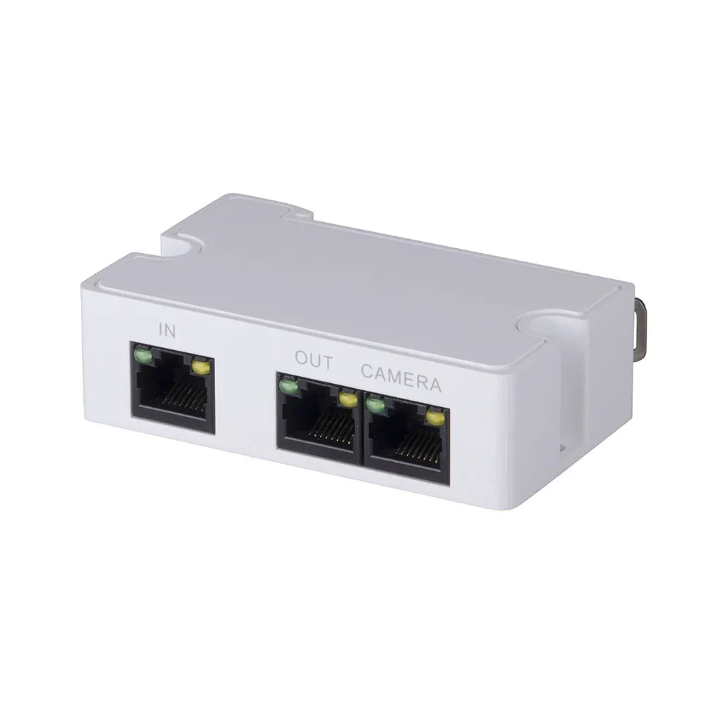 Adaptador divisor de red RJ45 con tres puertos etiquetados IN, OUT y CAMERA, color blanco