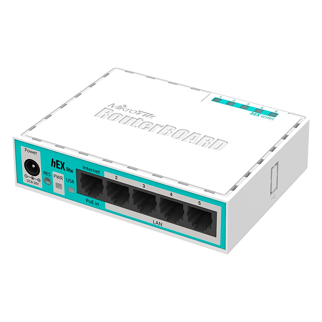 Router MikroTik hEX lite blanco con cinco puertos Ethernet para redes y cableado estructurado