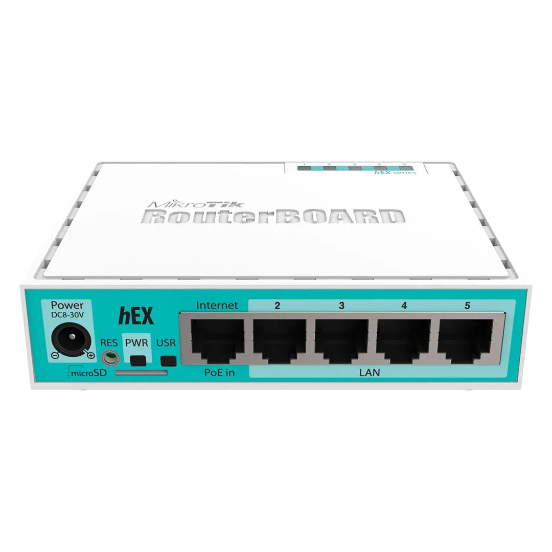 Router MikroTik hEX con 5 puertos LAN Ethernet para redes cableadas y conectividad de internet
