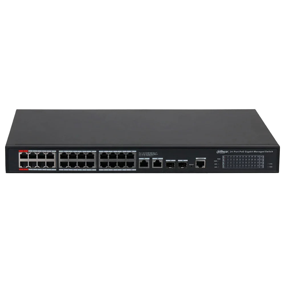 DAHUA DH-S4228-24GT-240 - Switch Conmutador de 24 puertos POE 240w con 2 puerto de Fibra óptica Giga. 10/100/1000mbps. Administrable. Capa 2. HI-POE. 2 Puertos SFP. POE 2.0