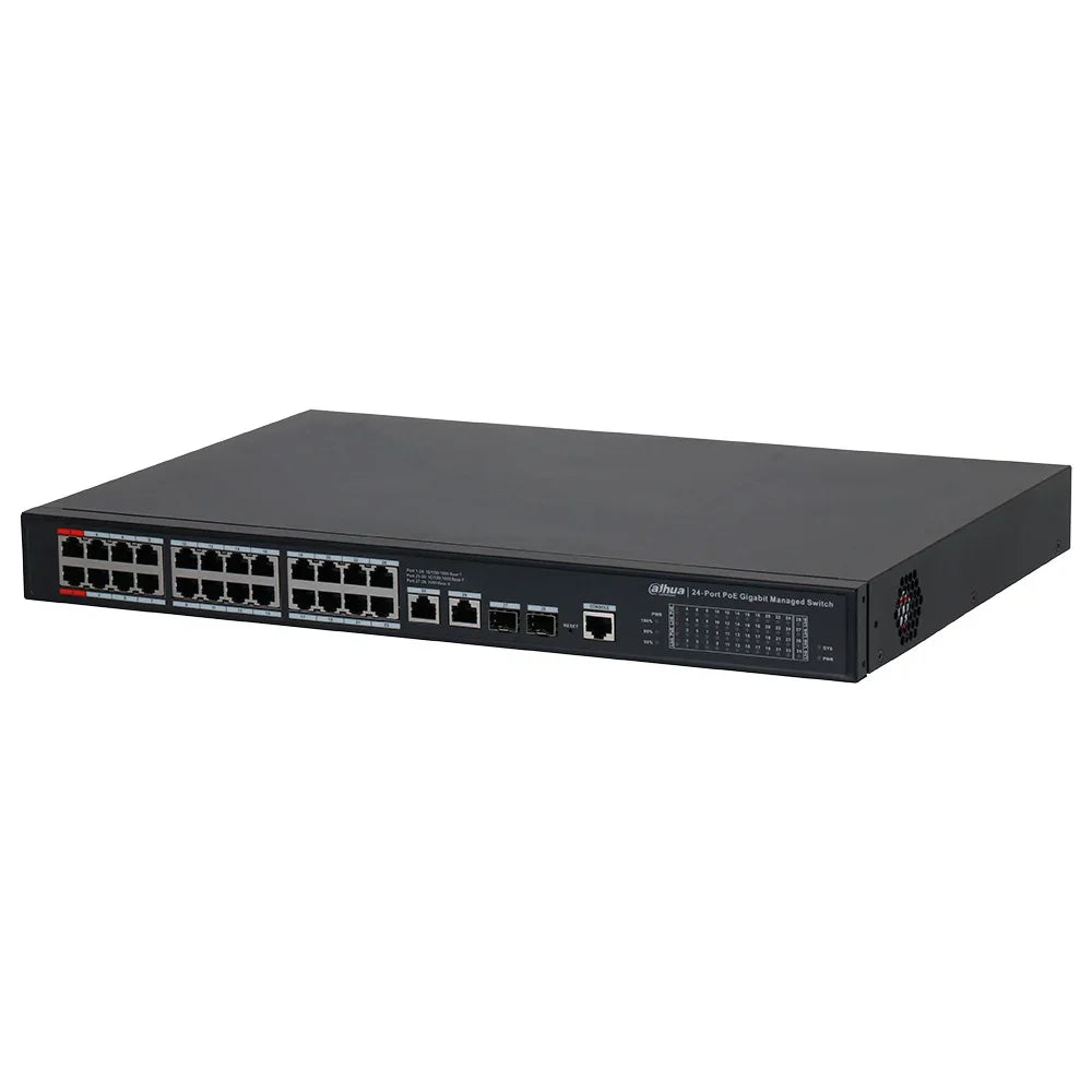 DAHUA DH-S4228-24GT-240 - Switch Conmutador de 24 puertos POE 240w con 2 puerto de Fibra óptica Giga. 10/100/1000mbps. Administrable. Capa 2. HI-POE. 2 Puertos SFP. POE 2.0