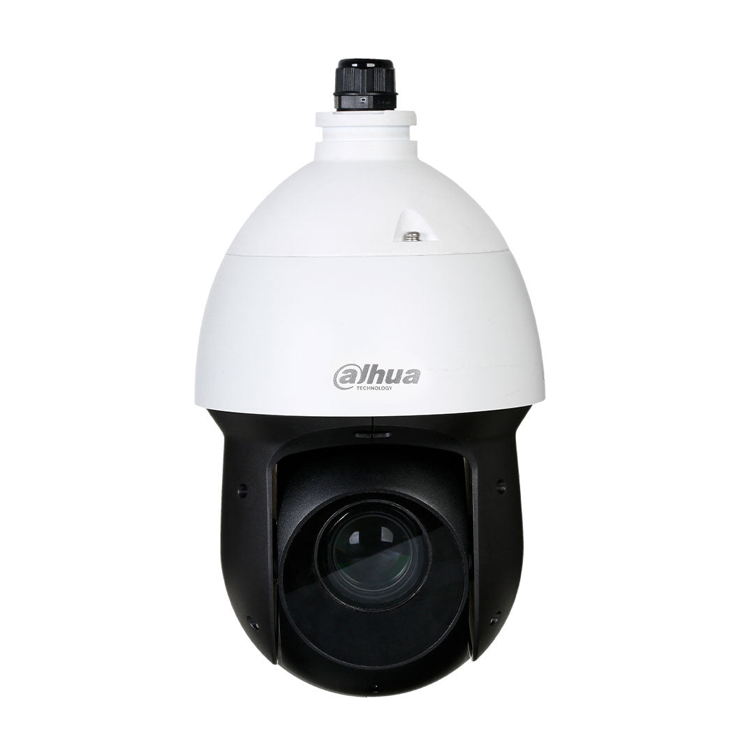 Cámara de videovigilancia tipo domo PTZ Dahua, lente óptico, seguridad electrónica.