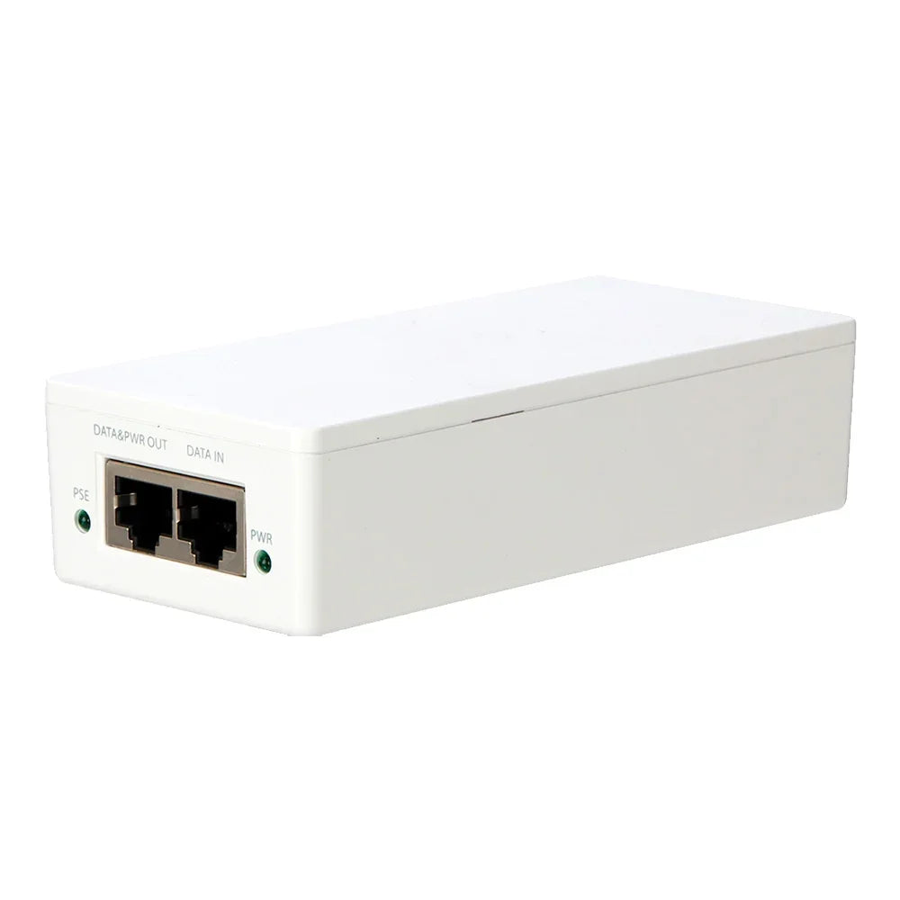 Inyector PoE blanco para redes, con dos puertos RJ45 y luces indicadoras de estado