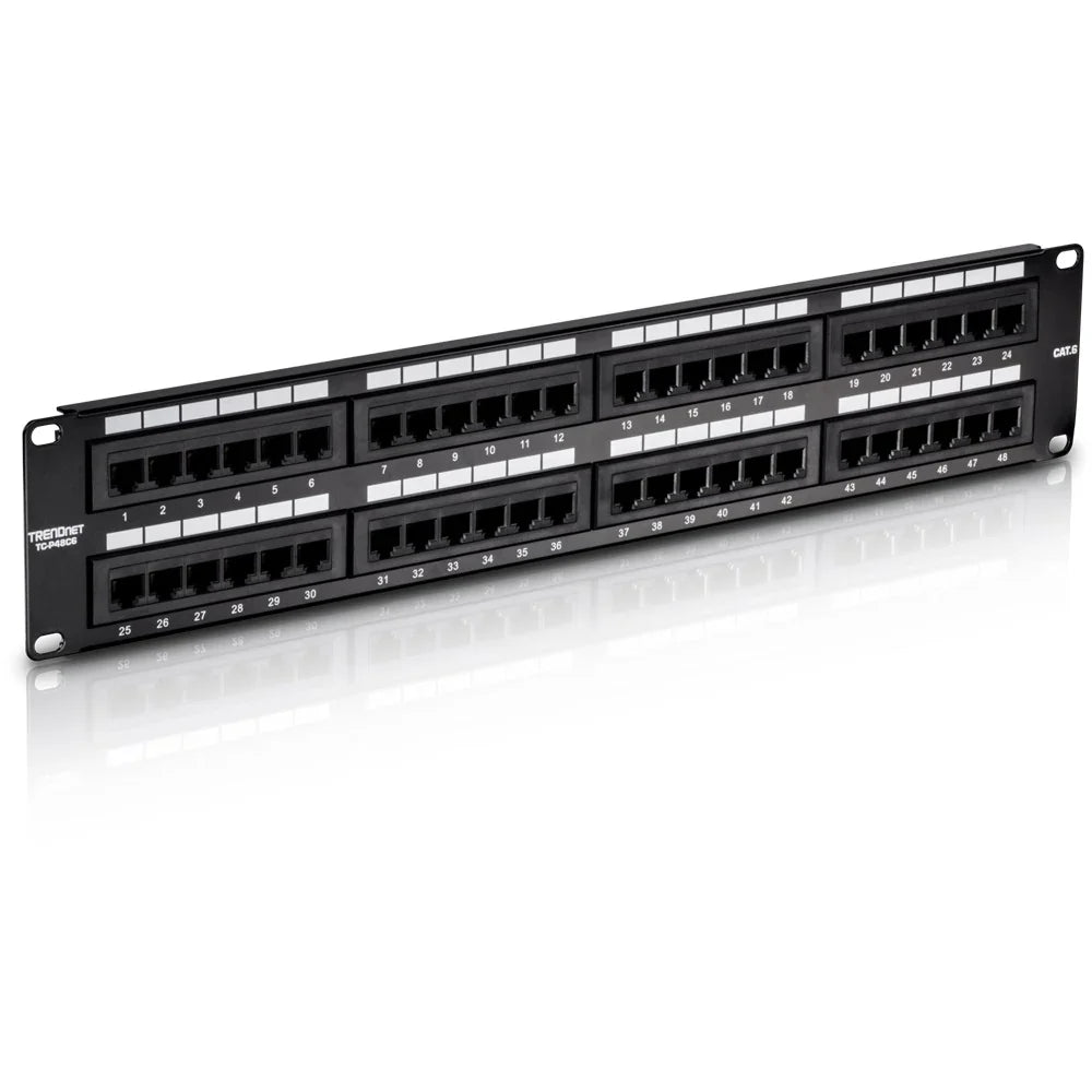 Patch panel de red Cat6 de 48 puertos para cableado estructurado y redes.