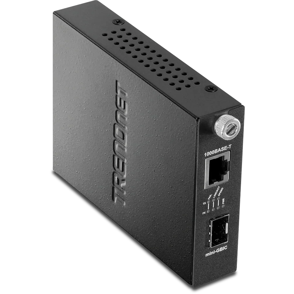 Convertidor de medios de red con puerto Ethernet 1000BASE-T y ranura mini-GBIC.