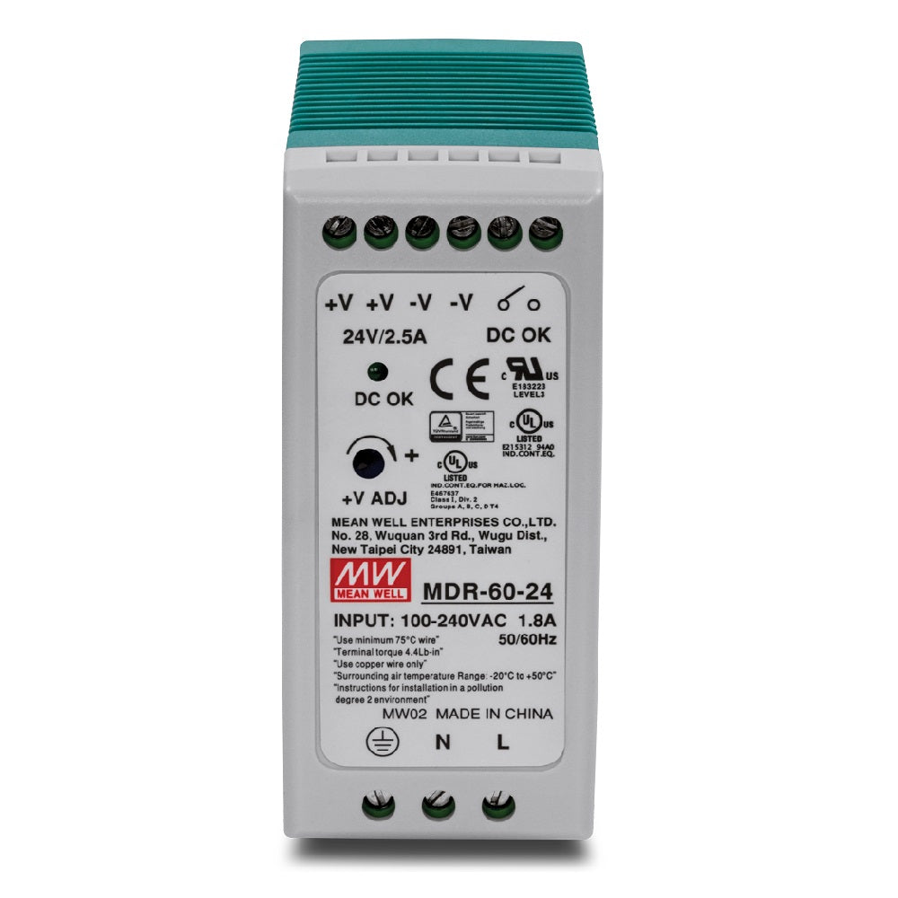 Fuente de poder industrial Mean Well MDR-60-24 de 24V 2.5A para cableado estructurado y redes