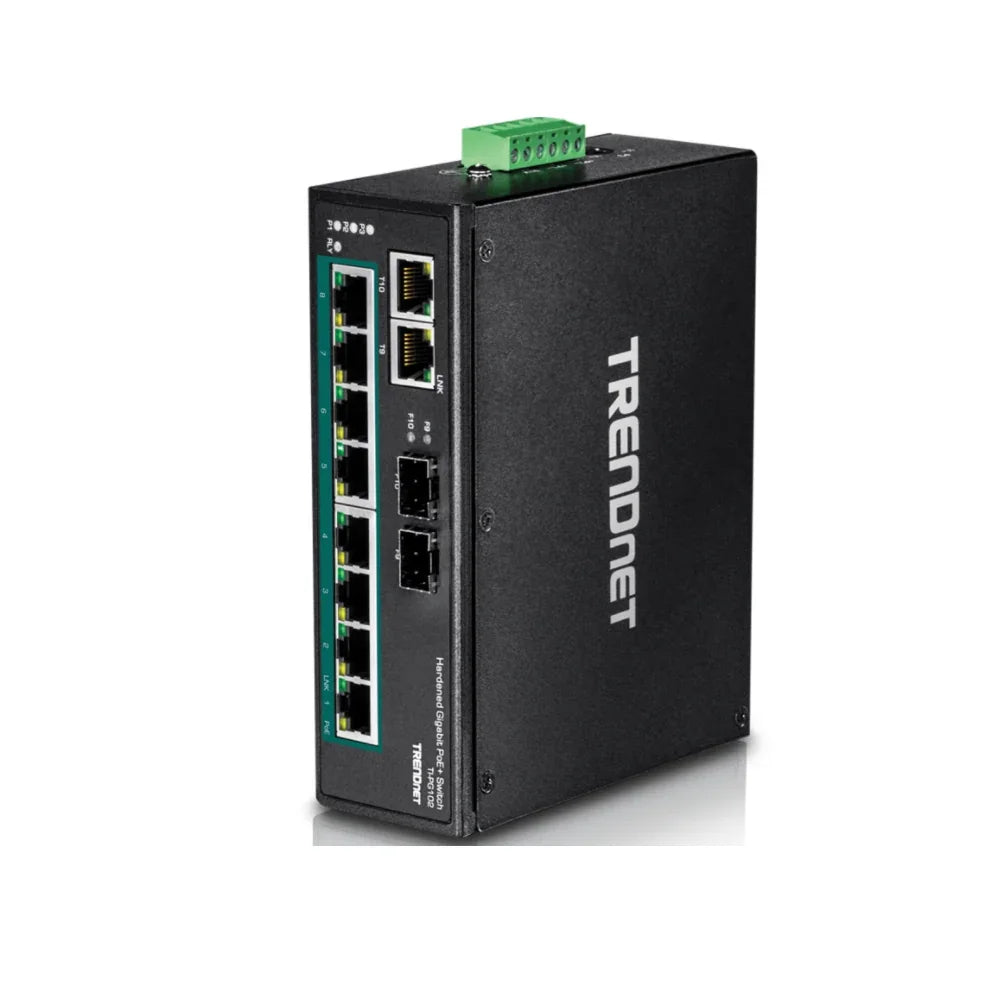 TRENDNET TI-PG102 - Conmutador de riel DIN Gigabit PoE industrial endurecido de 10 puertos