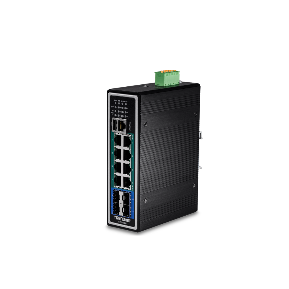 TRENDNET TI-PG1284i - Conmutador de riel DIN administrado de capa 2 Gigabit PoE industrial endurecido de 12 puertos