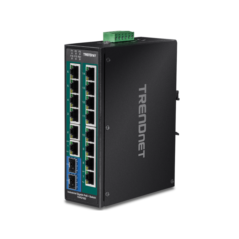 TRENDNET TI-PG162 - Conmutador Gigabit PoE industrial endurecido de 16 puertos DIN-Rail