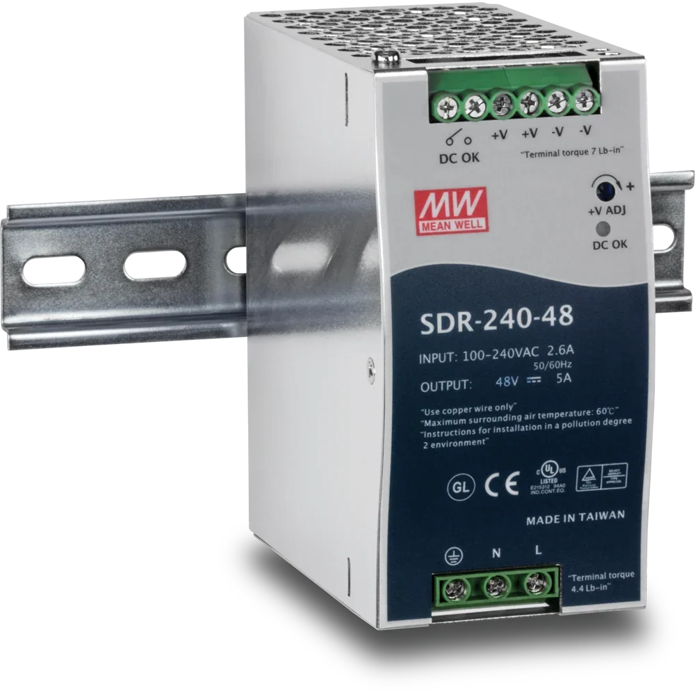 Fuente de poder industrial Mean Well SDR-240-48 para riel DIN, salida 48V 5A