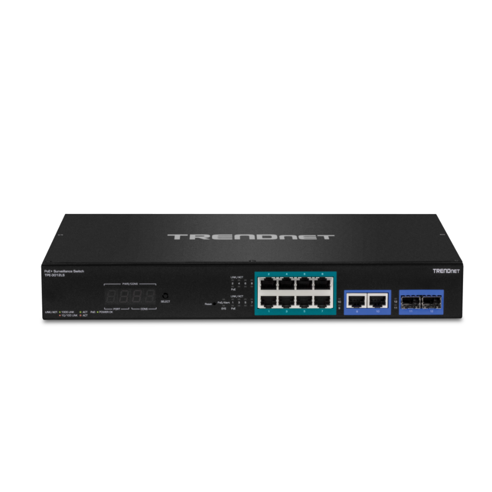 TRENDNET TPE-3012LS - Conmutador de vigilancia inteligente Gigabit PoE de 12 puertos