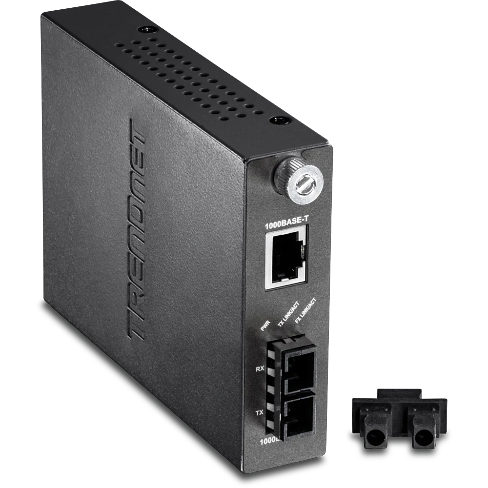 Convertidor de medios de fibra óptica negro con puerto Ethernet y conectores SC, ideal para redes