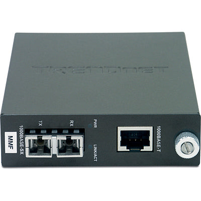 Convertidor de medios de red TRENDnet con puertos de fibra óptica y ethernet, color gris.