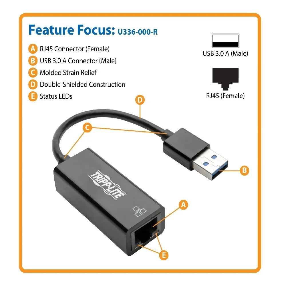 TRIPP LITE U336-000-R Adaptador de red USB 3.0 SuperSpeed a Gigabit Ethernet RJ45 NEGRO