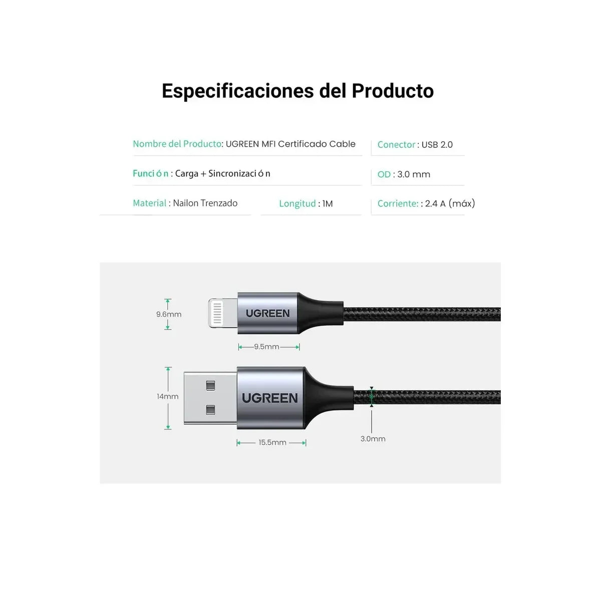 UGREEN US199 60156 Cable de Datos de Carga USB-A a Lightning Negro