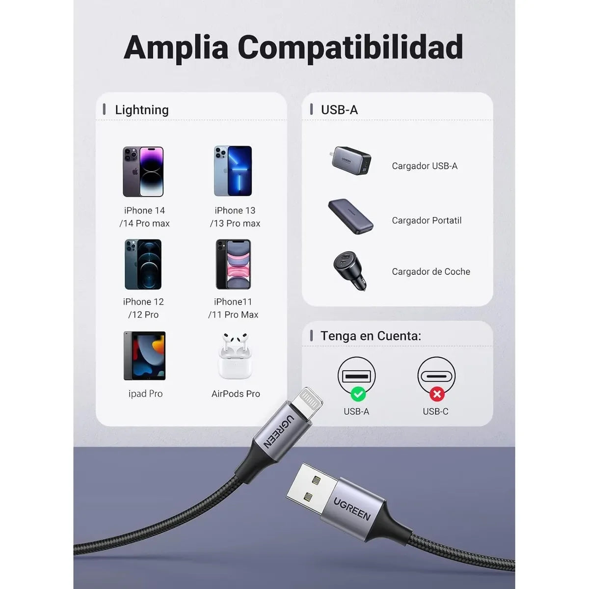 UGREEN US199 60156 Cable de Datos de Carga USB-A a Lightning Negro