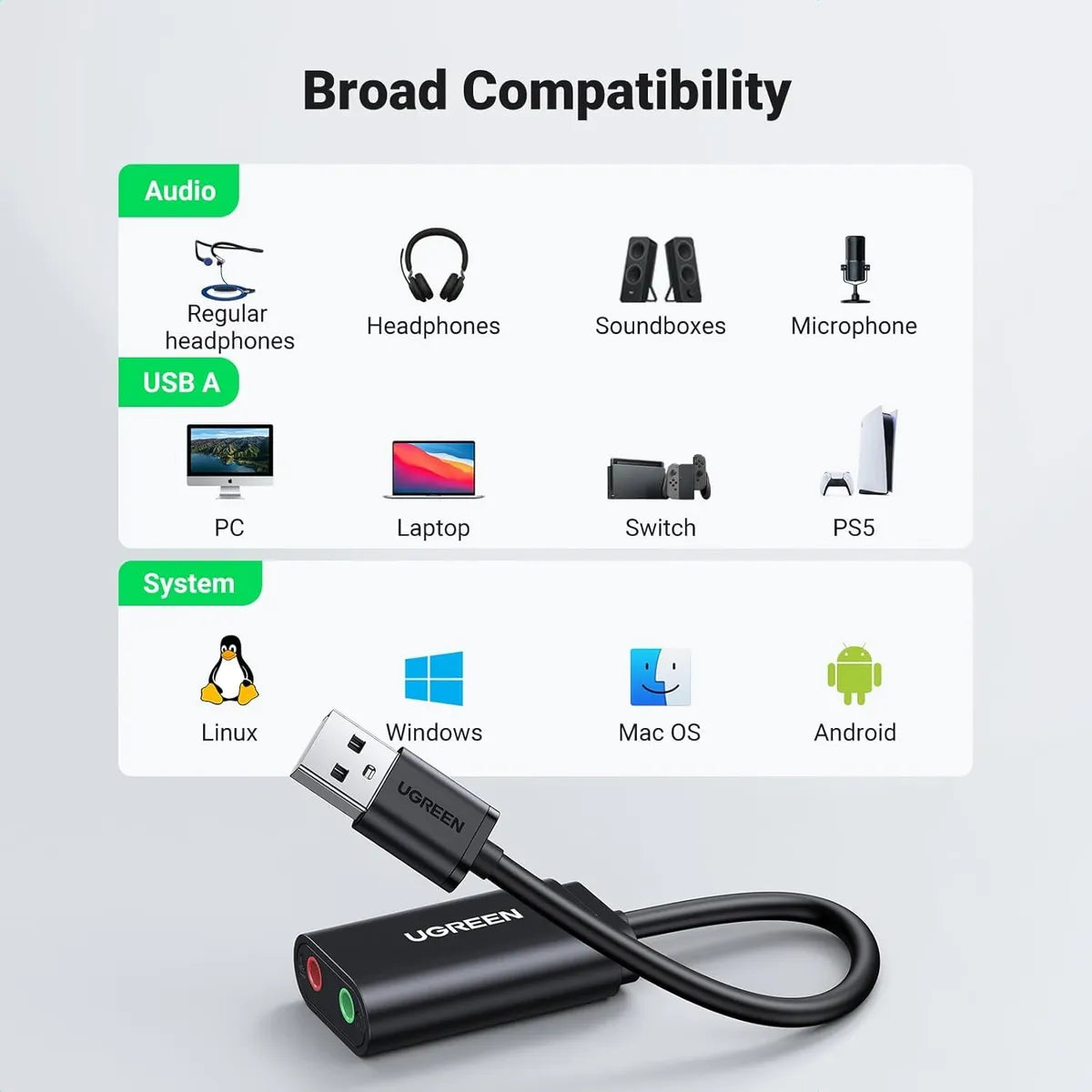 UGREEN US205 30724 Adaptador de Audio para Auriculares USB a 3,5 mm Tarjeta de Sonido Externa