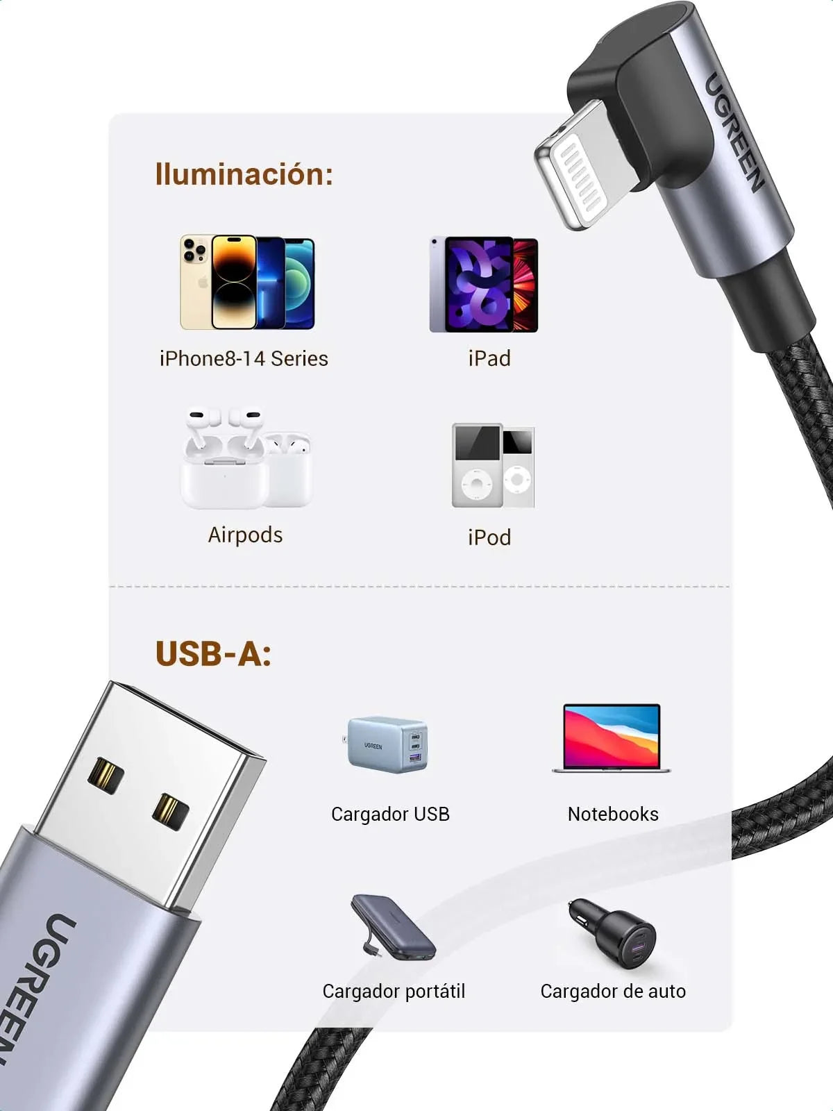 UGREEN US299 60521 Cable USB-A a Lightning Angulo 90° 1m