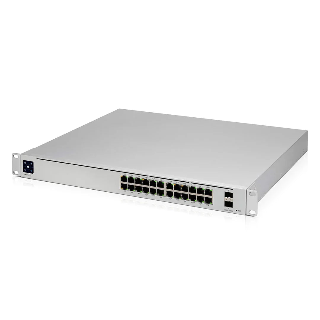 Switch de red rackeable de 24 puertos Ethernet y dos uplinks, color blanco, vista frontal