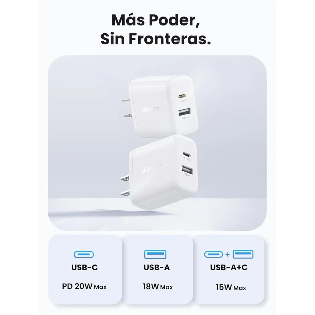 UGREEN X227 45314 Cargador Carga Rápida 20W 2 puertos USB-C USB-A PD