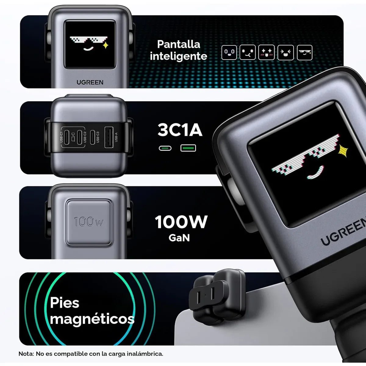 UGREEN X688 45514B Cargador USB C Robot Nexode GaN 100W Carga Rápida