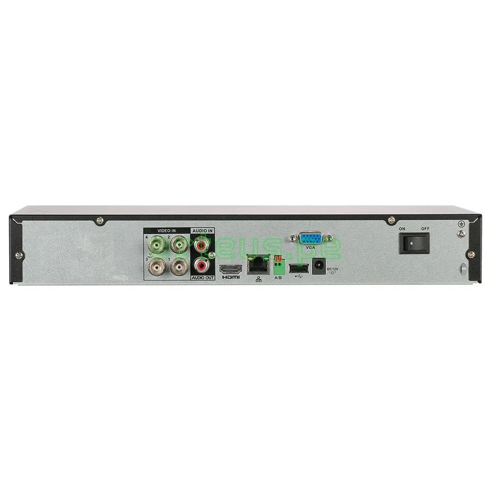 Vista trasera de grabador de video seguridad con puertos BNC, VGA, HDMI, USB y audio.