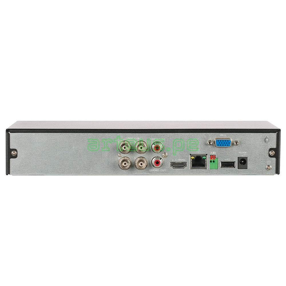 Vista trasera de grabador DVR de seguridad con múltiples puertos BNC, HDMI y red LAN.